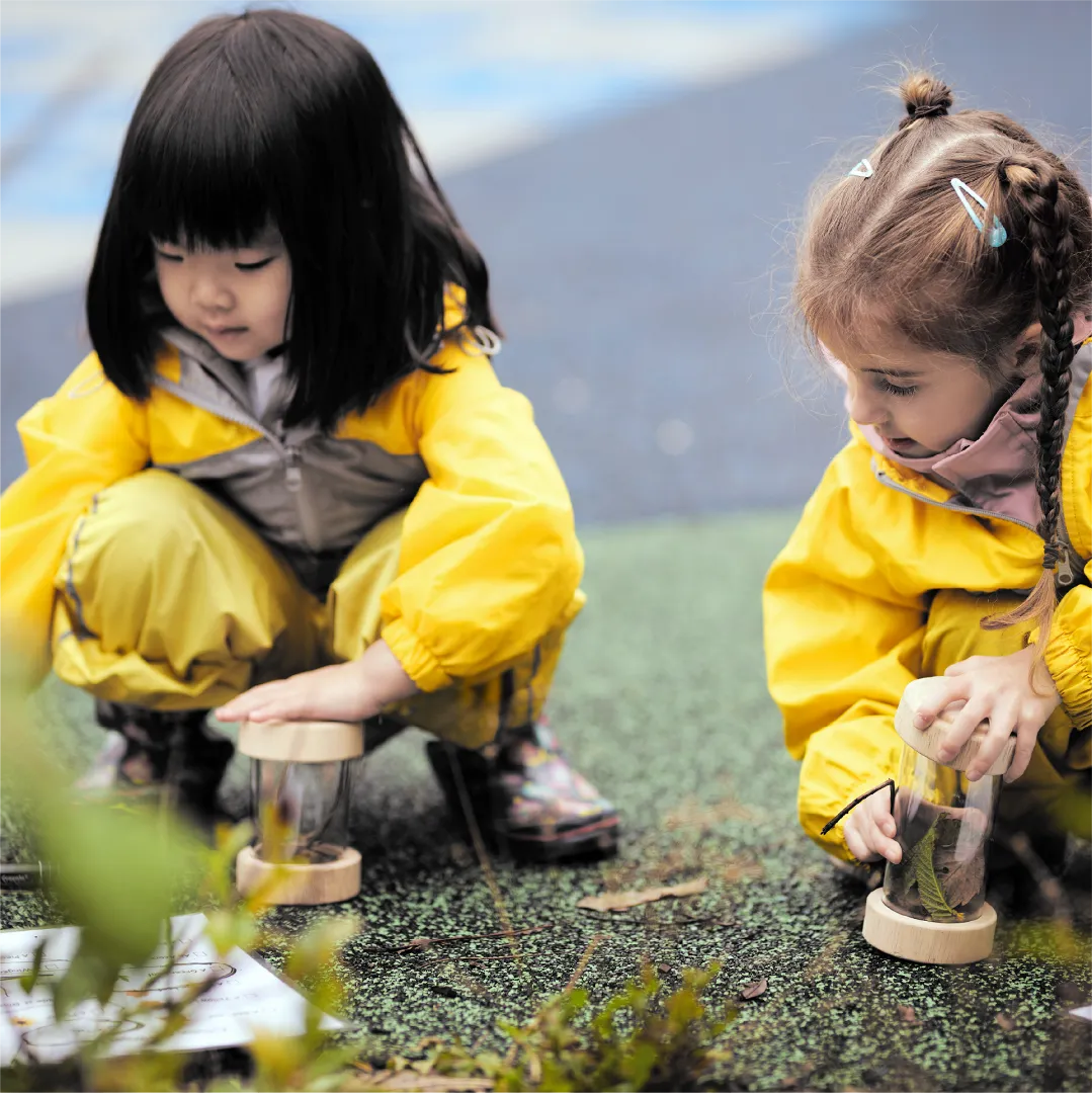 Two young girls crouch outdoors in yellow jackets, using magnifying glasses to examine leaves in jars—capturing the spirit of discovery often found at early learning centres and preschools close to me.