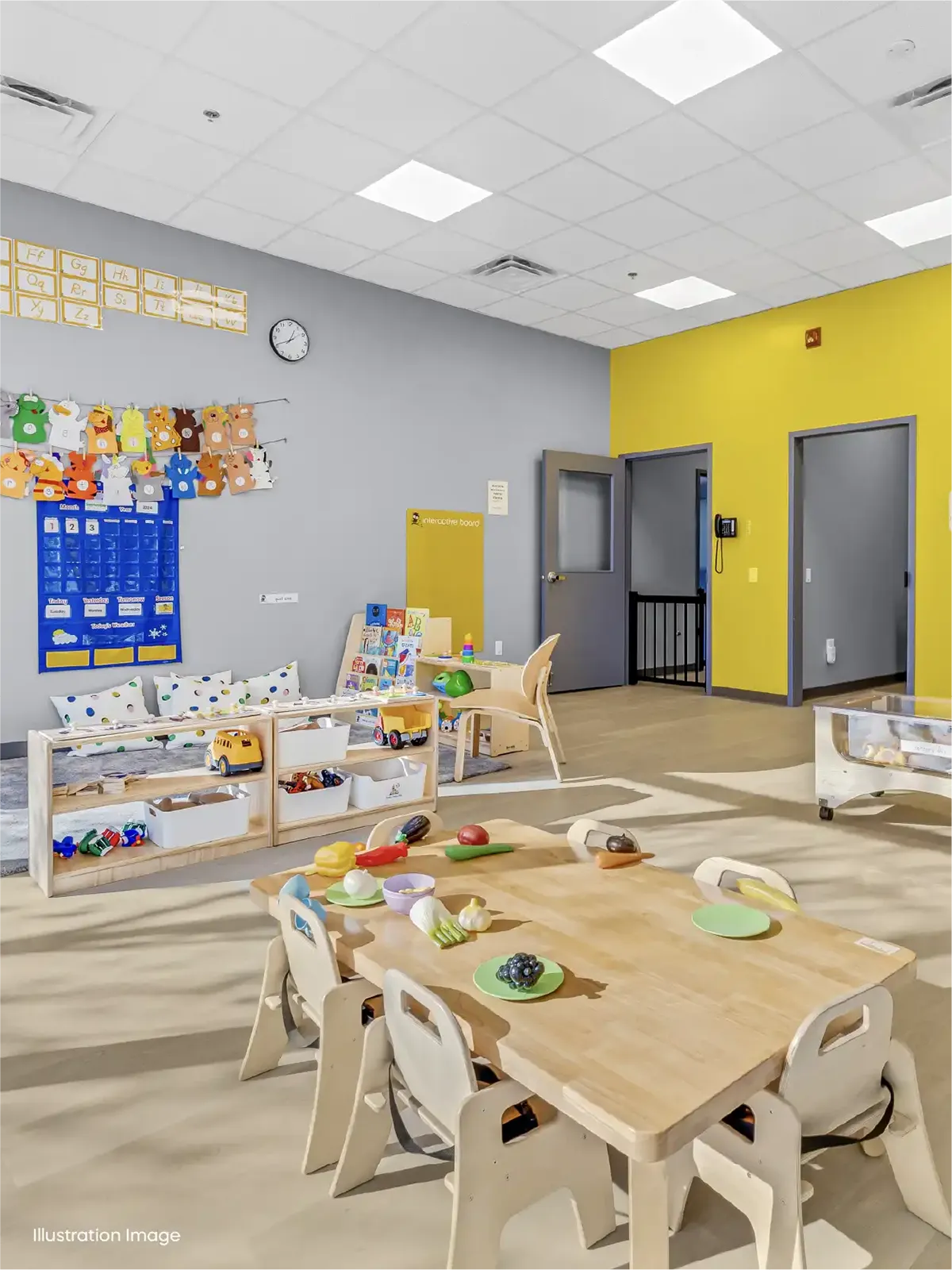 A bright, colorful preschool classroom at one of the top early learning centres, featuring small tables and chairs, toy food on the table, educational posters and crafts on the walls, shelves with toys, and a play area in the background.