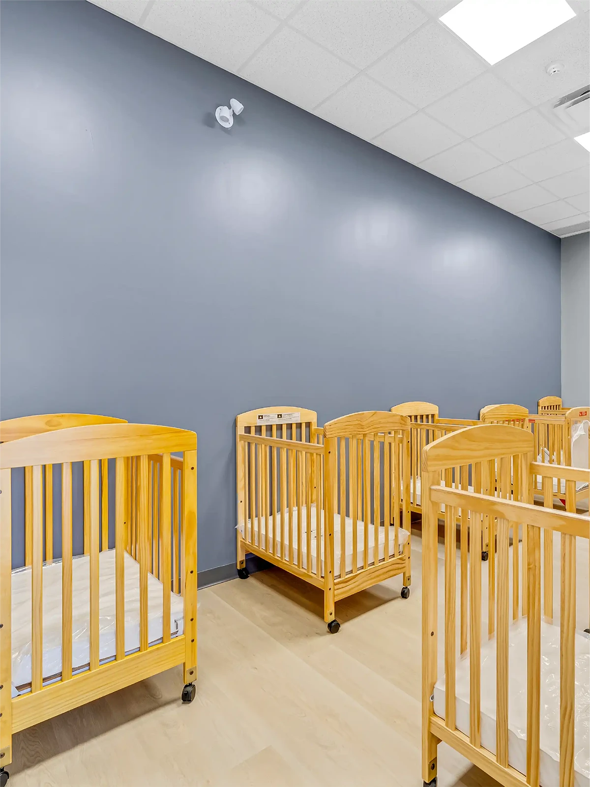 A row of empty wooden cribs with white mattresses lines a light wood floor, set against a plain gray wall in a brightly lit, modern early learning centre nursery room.