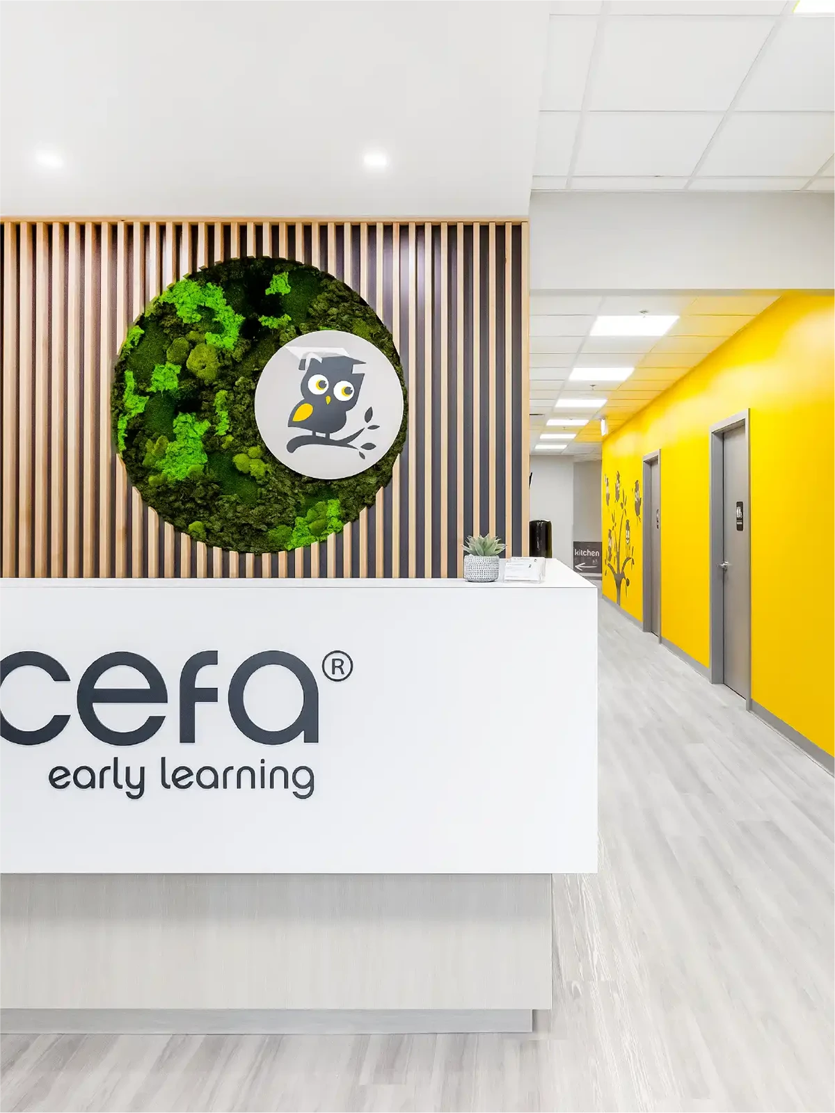 A modern, bright reception area of a CEFA early learning centre, featuring a white counter, a circular moss wall with an owl illustration, wooden slats, and a hallway with yellow walls and grey doors—perfect for families seeking preschools close to me.