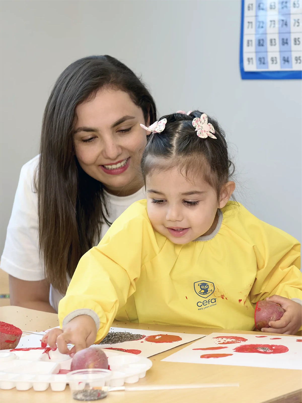 A smiling woman and a young girl in a yellow smock enjoy a painting activity together at a table, highlighting the creative fun offered in early learning centres, with colorful art and supplies all around.